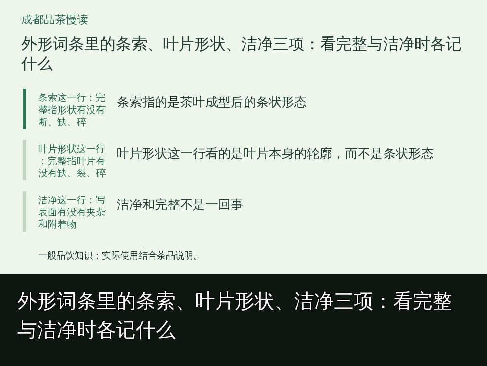 外形词条里的条索、叶片形状、洁净三项:看完整与洁净时各记什么的知识要点示意图